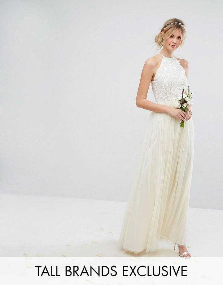 Maya Tall High Neck Maxi Tulle Dress With Tonal Delicate Sequins - Cream
