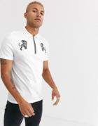 Asos Design Polo With Tiger Print And Zip Neck Collar-white