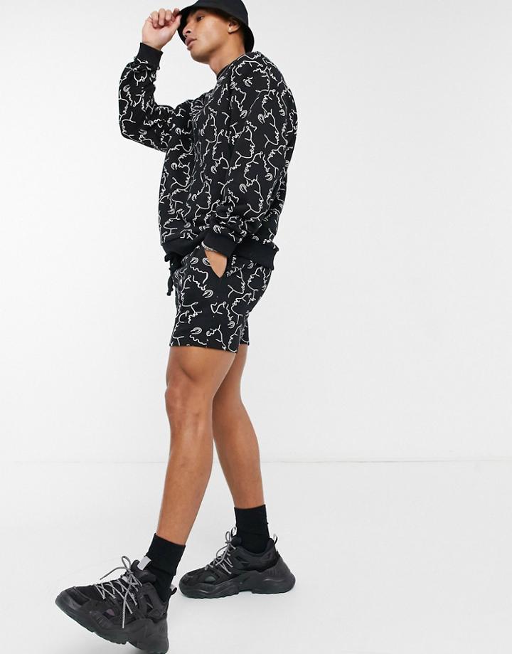 Asos Design Matching Skinny Jersey Shorts With All-over Line Drawing Print-multi