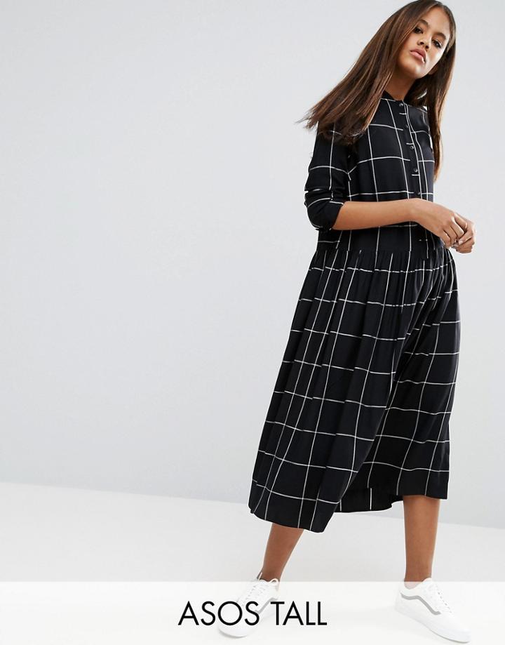 Asos Tall Midi Dress In Grid Check With Rib Neck - Multi