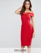 Vesper Structured Pencil Dress With Satin Off Shoulder - Red