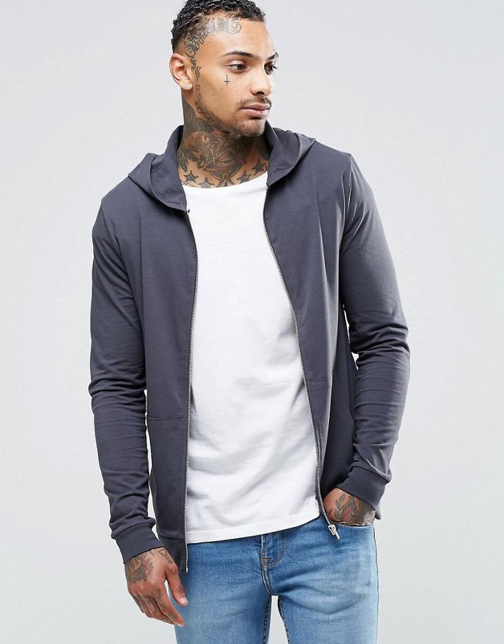 Asos Muscle Zip Up Hoodie In Blue Lightweight Jersey - Ebony