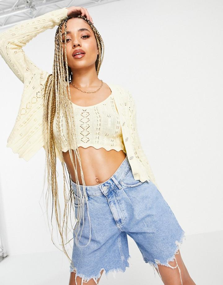 Missguided Set Cardigan With Sparkle Buttons In Lemon-yellow