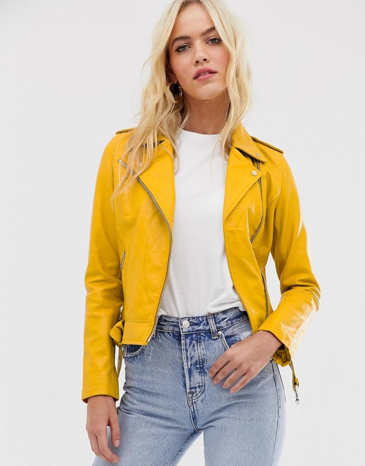 Barney's Originals Colored Leather Biker Jacket In Mustard - Yellow