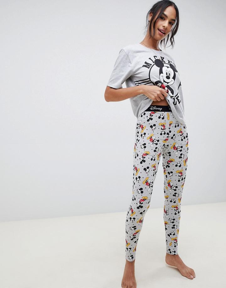 Asos Design Mickey Mouse Exclusive 90th Birthday Boxy Tee And Legging Pyjama Set - Gray