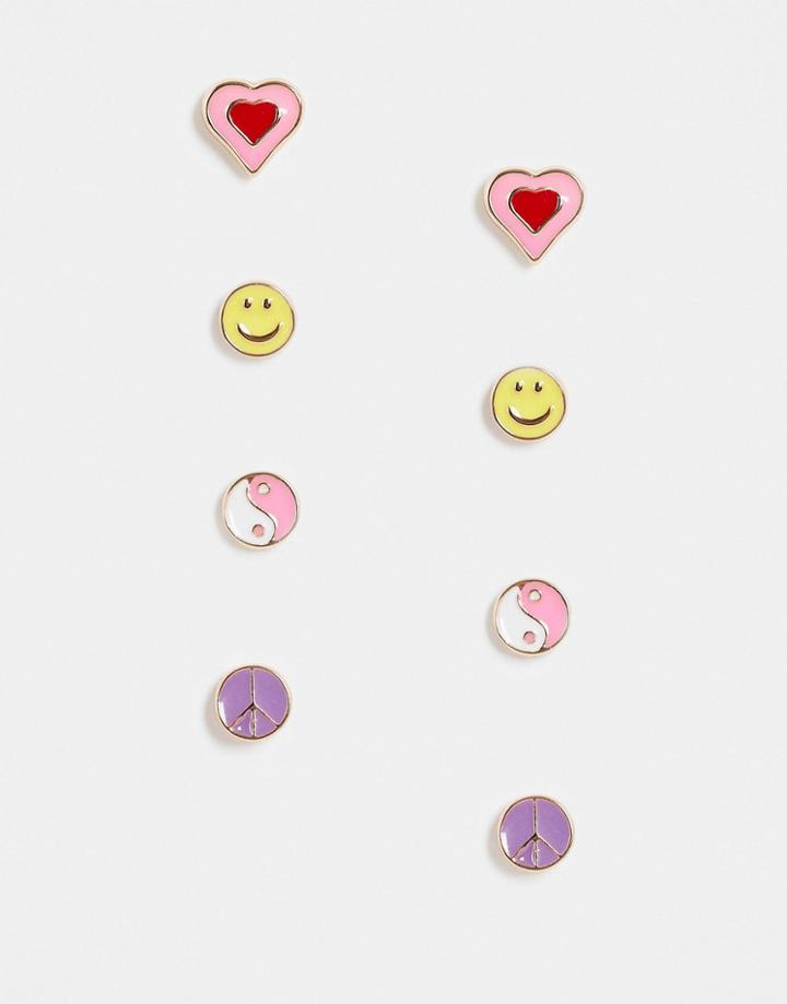 Asos Design Pack Of 4 Stud Earrings In Novelty Design In Gold Tone