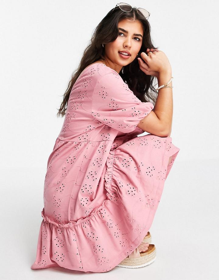 Asos Design Eyelet V Neck Smock Dress With Puff Sleeve In Rose-pink