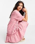 Asos Design Eyelet V Neck Smock Dress With Puff Sleeve In Rose-pink