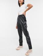 Pieces Leather Look Pants With Elasticized Waist In Black