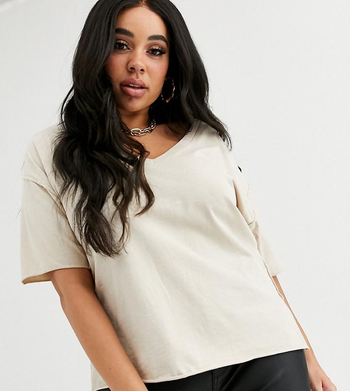 Asos Design Curve T-shirt With Raw Seams And V-neck In Washed Stone-beige