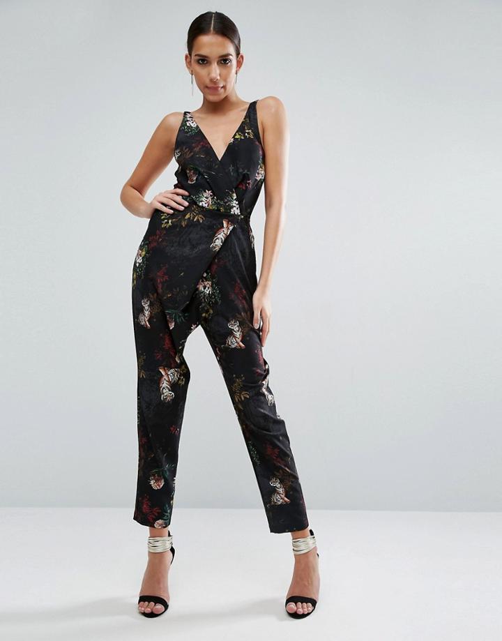 Asos Cami Wrap Jumpsuit With Peg Leg In Floral Tiger Print - Multi