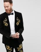Asos Skinny Suit Jacket In Black Embroidered Velvet - Black