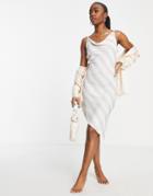 Asos Design Cowl Drape Asymmetric Midi Beach Dress In Natural Stripe-multi