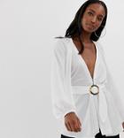 Asos Design Tall Long Sleeve Plunge Top With Kimono Sleeve And Belt - White