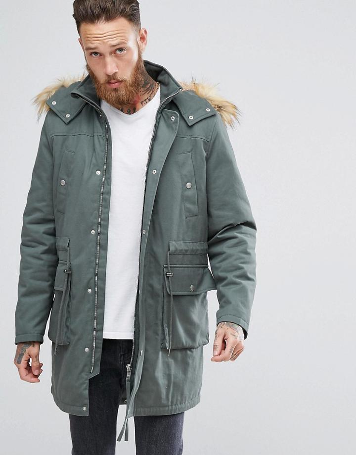 Asos Heavyweight Parka With Fleece Lining And Faux Fur Trim In Khaki - Green