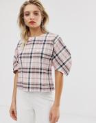 Asos White Check Puff Sleeve Top - Red