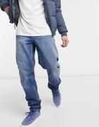 Asos Design Rigid Slim Jeans In Mid Wash Blue-blues