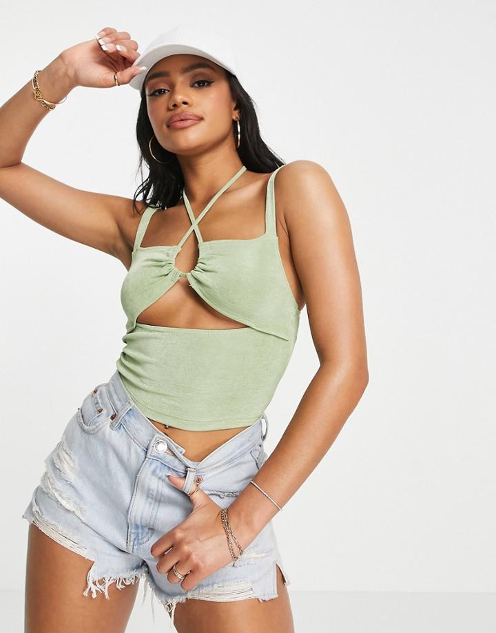Motel Slinky Y2k Cut-out Ring Detail Crop Top-green