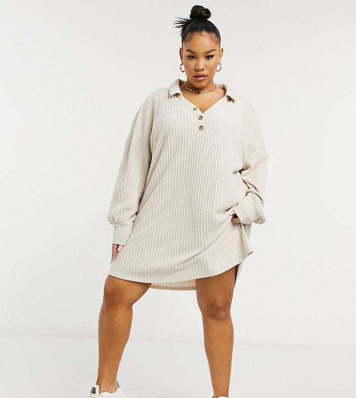 Asos Design Curve Super Soft Rib Long Sleeve Shirt Dress In Camel-neutral
