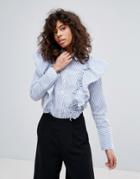 Neon Rose Stripe Frill Shirt - Blue