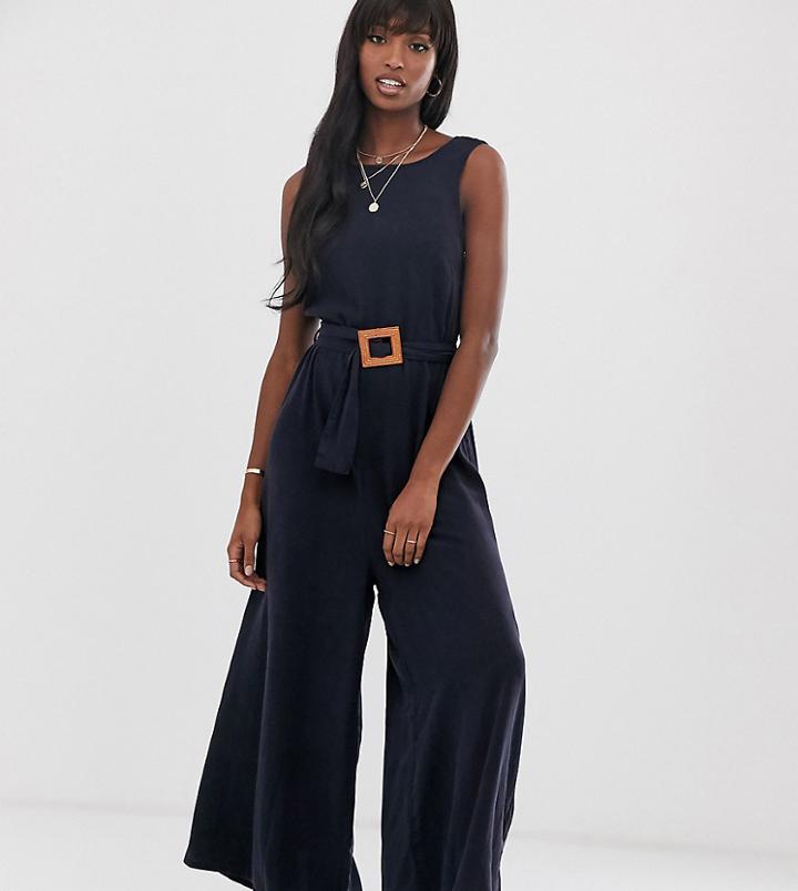 Asos Design Tall Soft Denim Belted Wide Leg Jumpsuit-blue