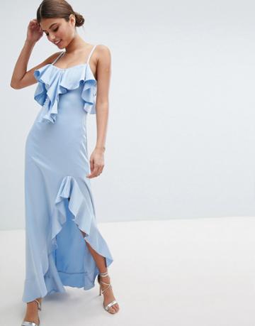 Jessica Wright Cold Shoulder Maxi Dress With Frill Detail & Side Slit - Blue