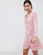 Oh My Love Long Sleeve Wrap Skater Dress With Frill Hem - Pink
