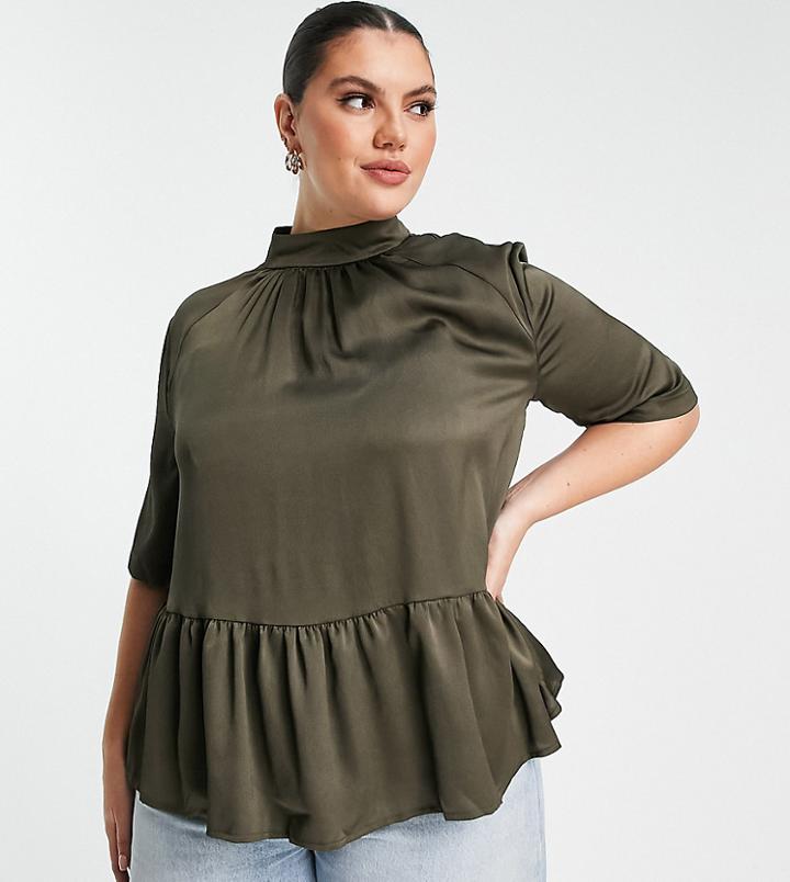 Asos Design Curve High Neck Short Sleeve Peplum Smock Top In Olive-green