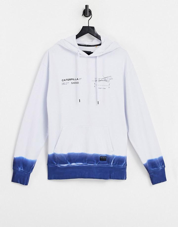 Caterpillar Engine Logo Print Dip Dye Hoodie In White/blue