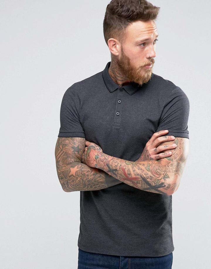 Asos Muscle Pique Polo Shirt With Tipped Collar In Charcoal Marl - Gray