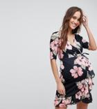 Asos Maternity Wrap Front Tea Dress With Frill In Dark Floral - Multi