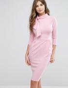 City Goddess 3/4 Sleeve Tie Neck Pencil Dress - Pink