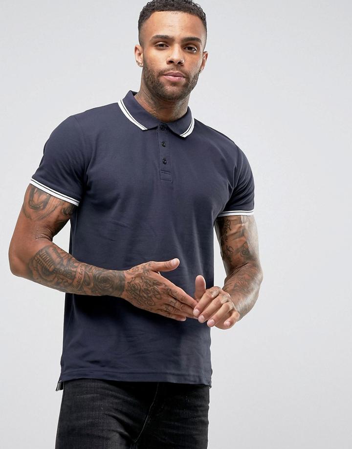 Brave Soul Pique Tipped Polo - Navy