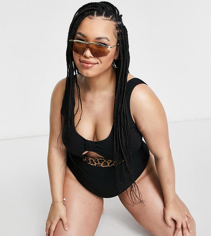 Wolf & Whistle Curve Rib Cut Out Swimsuit In Black With Animal Print Elastic