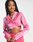 Heartbreak Tie Waist Wrap Front Cropped Blazer In Pink Shimmer - Part Of A Set