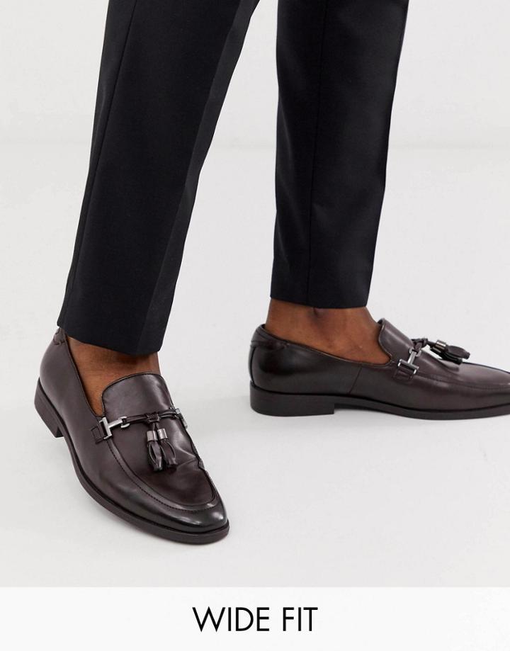 Asos Design Wide Fit Loafers In Brown Faux Leather With Tassel