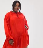 Prettylittlething Plus Exclusive Smock Dress With Frill Hem - Red