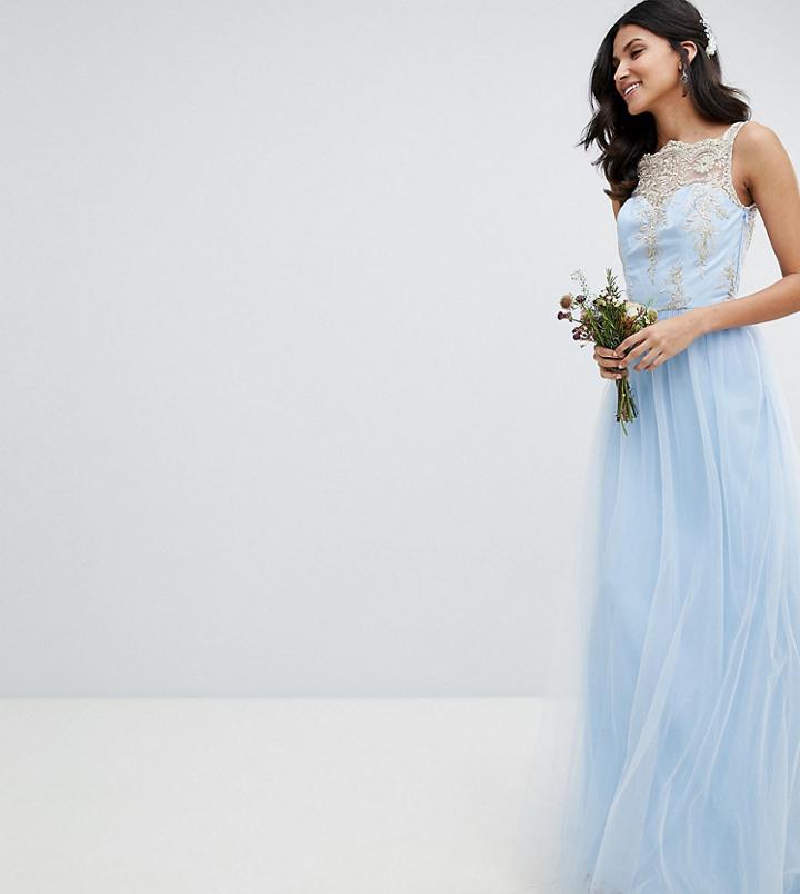 Chi Chi London Tall Bardot Neck Sleeveless Maxi Dress With Premium Lace And Tulle Skirt-blue
