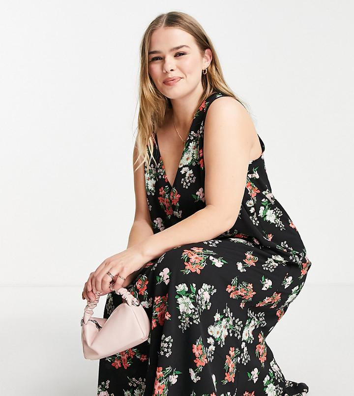 Asos Design Curve Plunge Neck Maxi Dress In Black Base Red Floral Print-multi