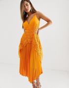 Asos Design Pleated Midi Dress With Lace Trim And Hanky Hem-orange