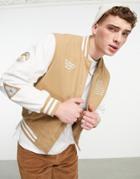 Asos Design Oversized Varsity Bomber Jacket With Embroidery In Tan-neutral