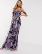 Lipsy Frilly Off Shoulder Maxi Dress In Floral Print-multi