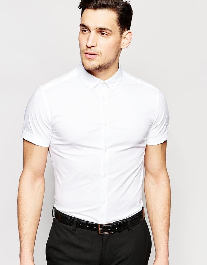 Asos Skinny Shirt In White With Short Sleeves And Button Down Collar - White