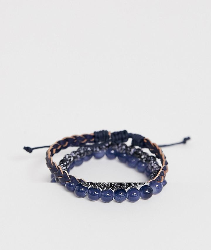 Asos Design Beaded Bracelet Pack In Black And Navy With Semi Precious Stones - Navy