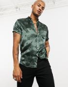 Asos Design Stretch Satin Muscle Shirt In Green Floral Jacquard
