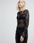 Pull & Bear Lace And Beaded Long Sleeve Top - Black