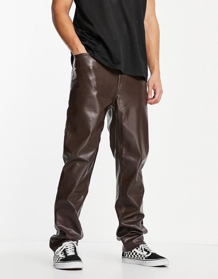 Asos Design Dad Fit Jeans In Brown Leather Look