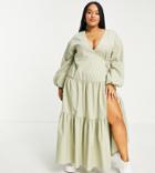 Asos Design Curve Drop Waist Wrap Tiered Maxi Dress In Khaki-green