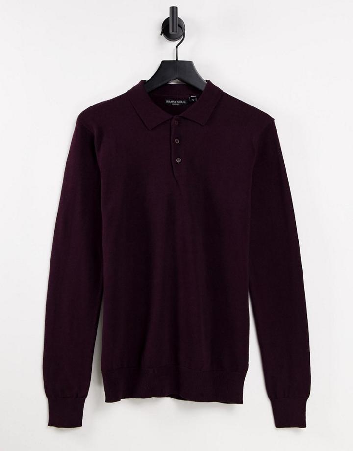 Brave Soul Cotton Long Sleeve Knitted Polo In Dark Burgundy-red