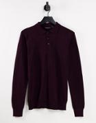 Brave Soul Cotton Long Sleeve Knitted Polo In Dark Burgundy-red